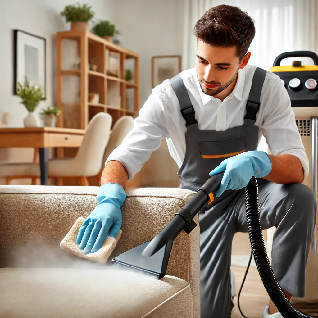 DALL·E 2025-02-04 19.03.28 - A professional cleaner using a steam cleaning machine to deep clean a fabric sofa in a modern living room. The worker is wearing gloves and a uniform,