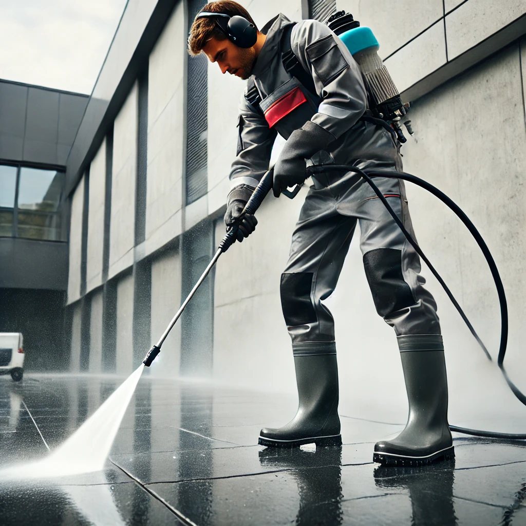 DALL·E 2025-02-04 19.05.37 - A professional worker using a high-pressure washer to clean a large outdoor surface, such as a concrete driveway or a building facade. The worker is d
