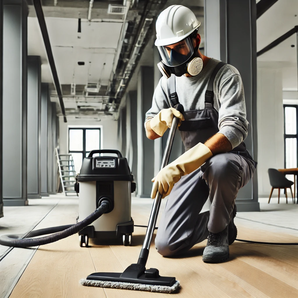 DALL·E 2025-02-04 19.07.52 - A professional cleaner performing post-construction cleaning in a newly renovated building. The worker is wearing protective gear, including a dust ma