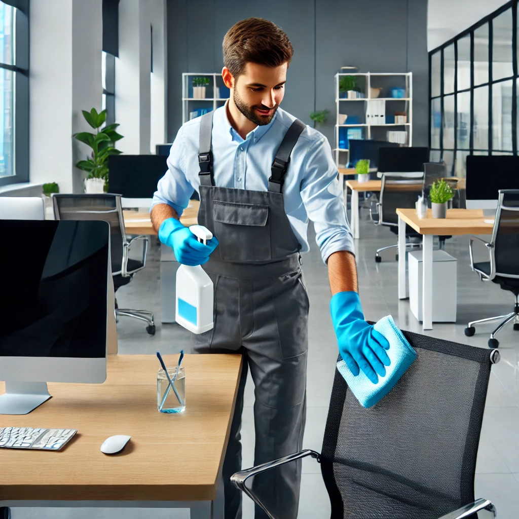 DALL·E 2025-02-14 11.02.41 - A professional cleaner performing tertiary cleaning in a modern office environment. The worker is dressed in a uniform and gloves, using a microfiber